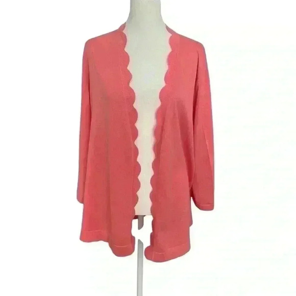 Talbots Womens Salmon Pink Cotton Scalloped Open Cardigan Sweater Size XLP Fall - Picture 1 of 7